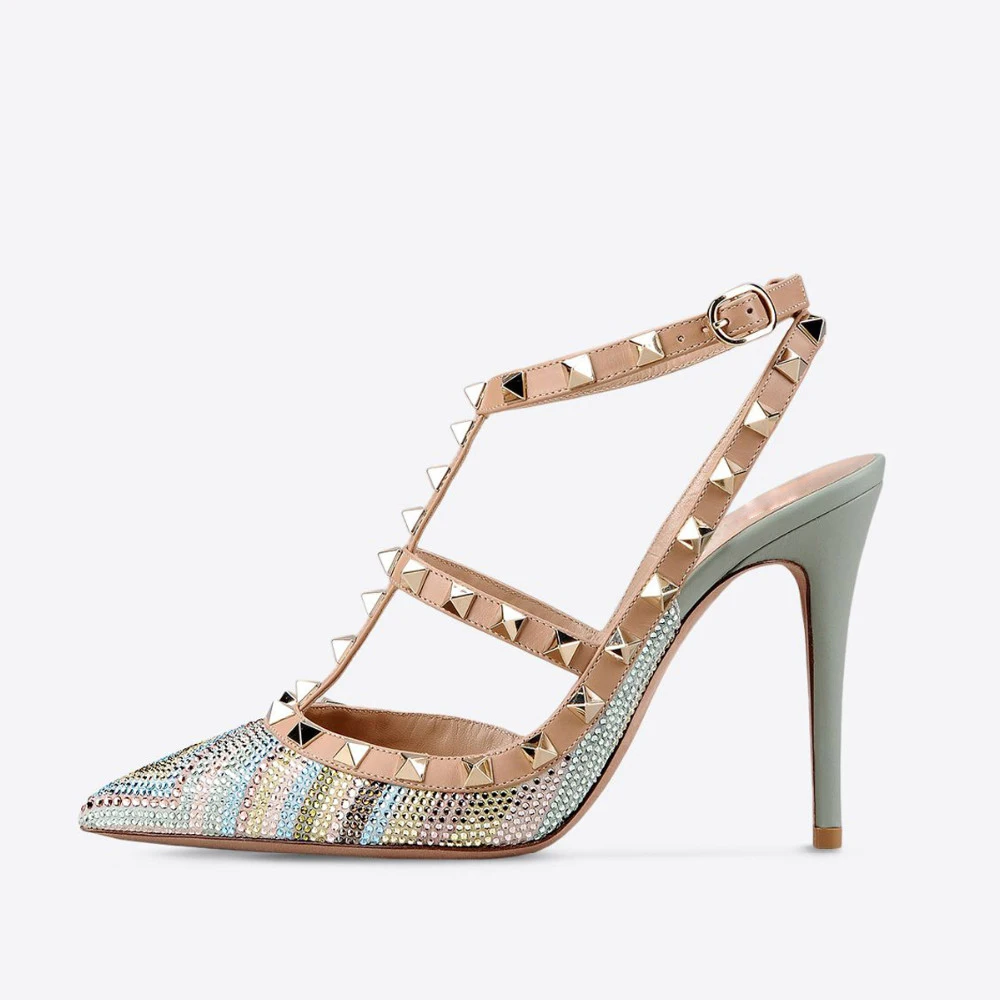 

2016 Summer buckle strap stiletto high heel Women's Shoes Rhinestone pointed toe rivets studed customize pumps big size15
