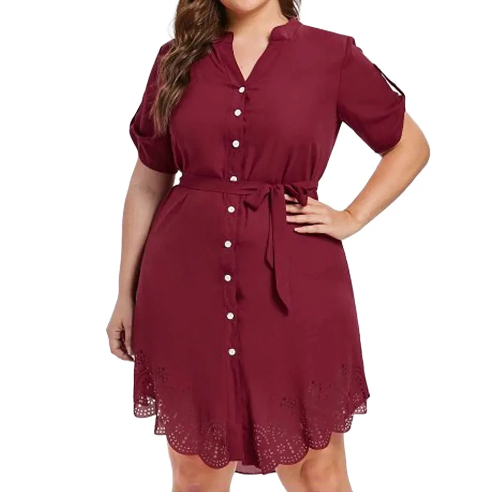 

Women Dress Summer 2018 Short Sleeve Lace Button Work Office Plus Size 4XL Sashes Short Mini Dress Straight Chiffon V-Neck Cute