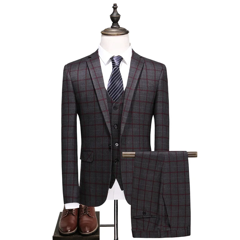 

Boutique plaid suit set 3-piece men's business casual single button suit suit (coat + pants + vest) groom wedding banquet dress