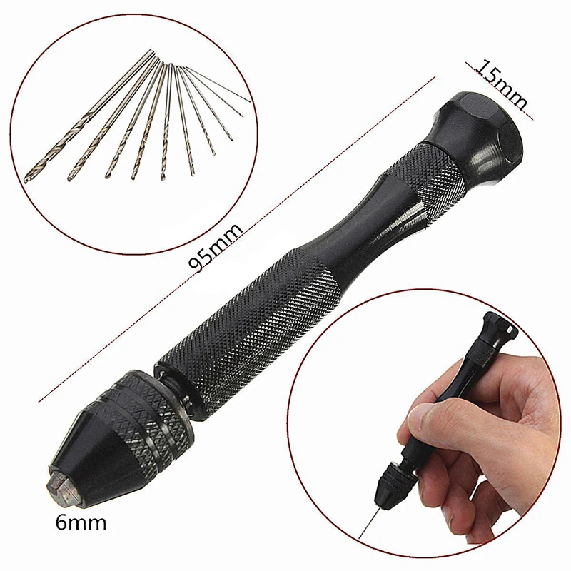 

1set Aluminum Micro Hand Drill with Keyless Chuck+10pcs Twist Drill Rotary Tools