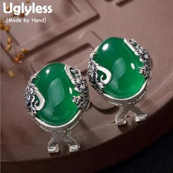 

Uglyless Real 990 Silver Fine Jewelry Women Luxury Nature Chalcedony Stud Earrings Handmade Flower Brincos Vintage Hollow Bijoux