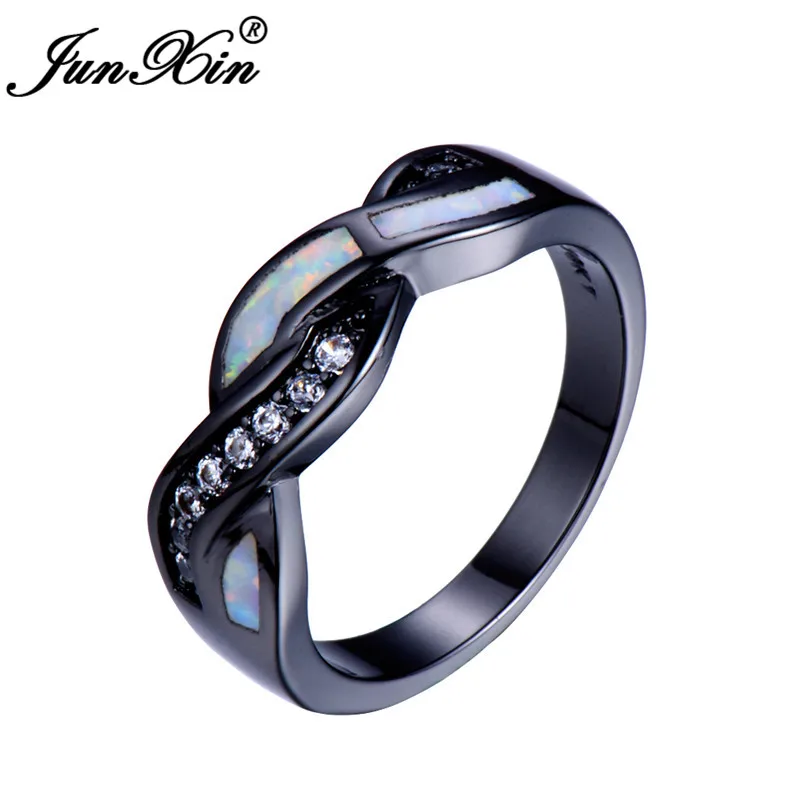 JUNXIN Male Female Blue/White Fire Opal Rings For Women Men 925 Silver Black Gold Filled Wave Cross Ring Zircon Wedding Jewelry