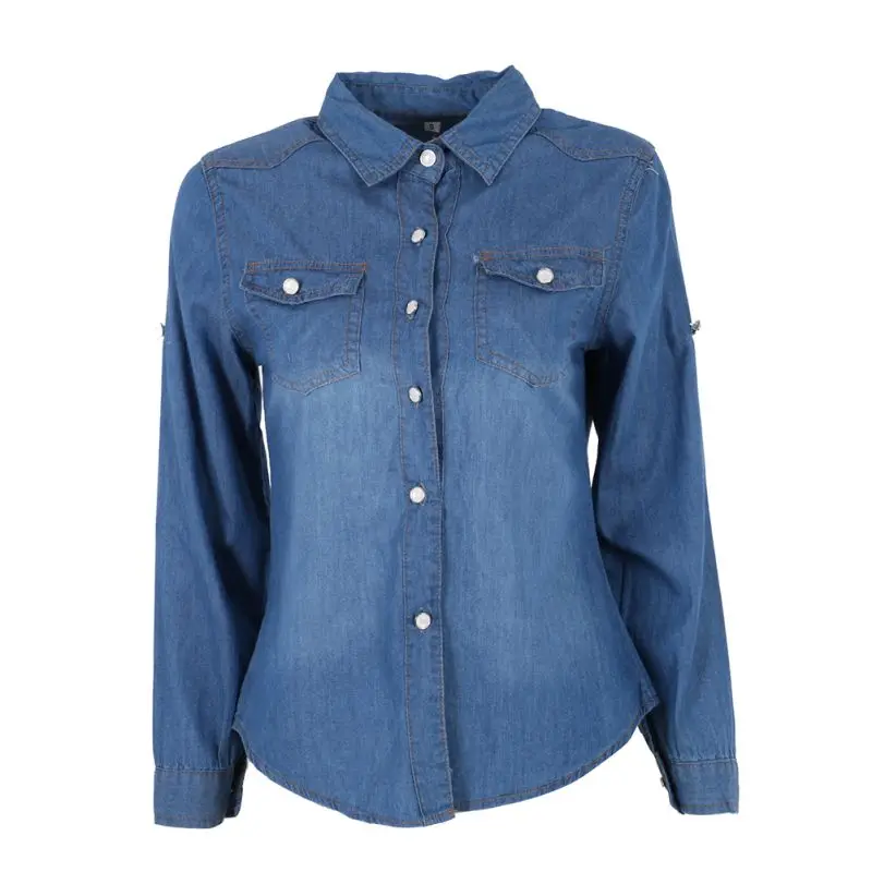 

Women Lapel Button Blue Down Denim Jean Shirt Pocket Slim Top Coat Hot