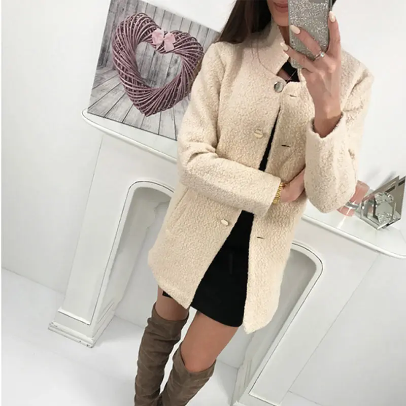 Women Winter Woolen Coat Autumn Casual Solid Color Long Sleeve Pocket Single-Breasted Suit Collar Pink Long Coat Abrigos Fashion (23)