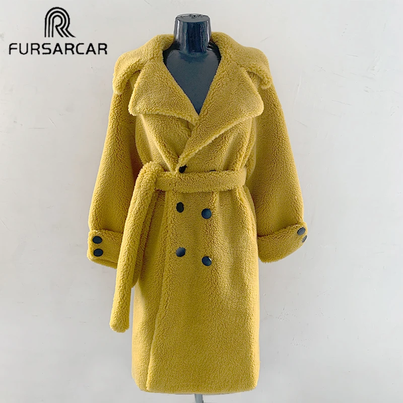 FURSARCAR Yellow Long Coats Fleece Jackets Winter Warm Teddy Coat Cardigan Office Lady Sexy Women Wool Blends Overcoat Plus Size|Wool & Blends| - AliExpress
