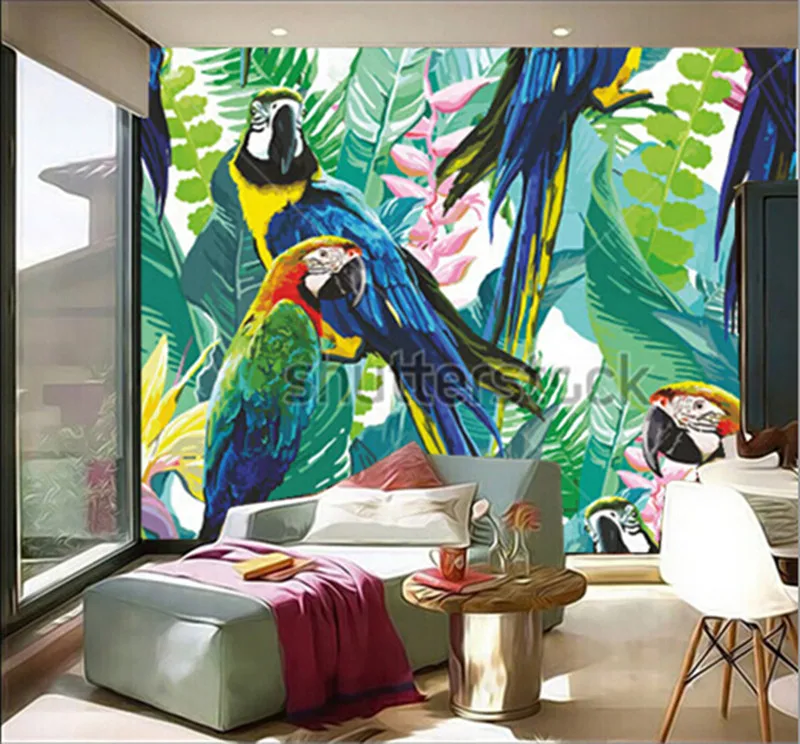 Latest custom 3D large mural,colorful parrots and exotic flowers,living room tv background bedroom wall wallpaper Latest custom 3D large mural,colorful parrots and exotic flowers,living room tv background bedroom wall wallpaper
