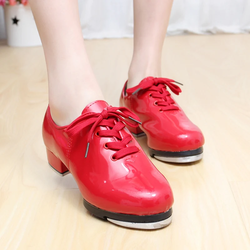 Women Girls Tap Dance Shoes Shiny Patent PU Leather Laced Black White