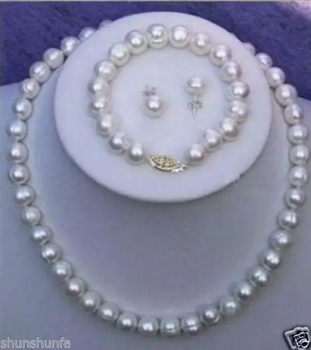 

hot Free shipping 8-9mm Real White Cultured Pearl Necklace 18" Bracelet 7.5" Earring Set (A0513)