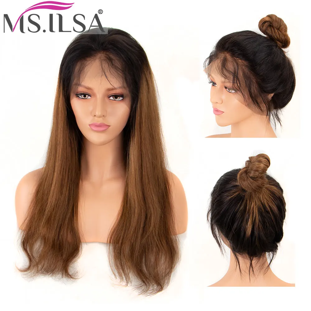 Омбре коричневый прямой 360 фронтальный парик шнурка 150 плотность бразильские Remy человеческие волосы парики с детскими волосами предварительно выщипанные полный конец MS. ILSA