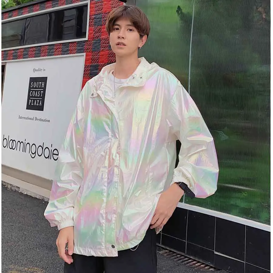 Summer Thin Laser Hip Hop Jacket Windbreaker Men Streetwear Harajuku Swag Hooded Jackets Gradient Sunscreen Couple Unisex Coats