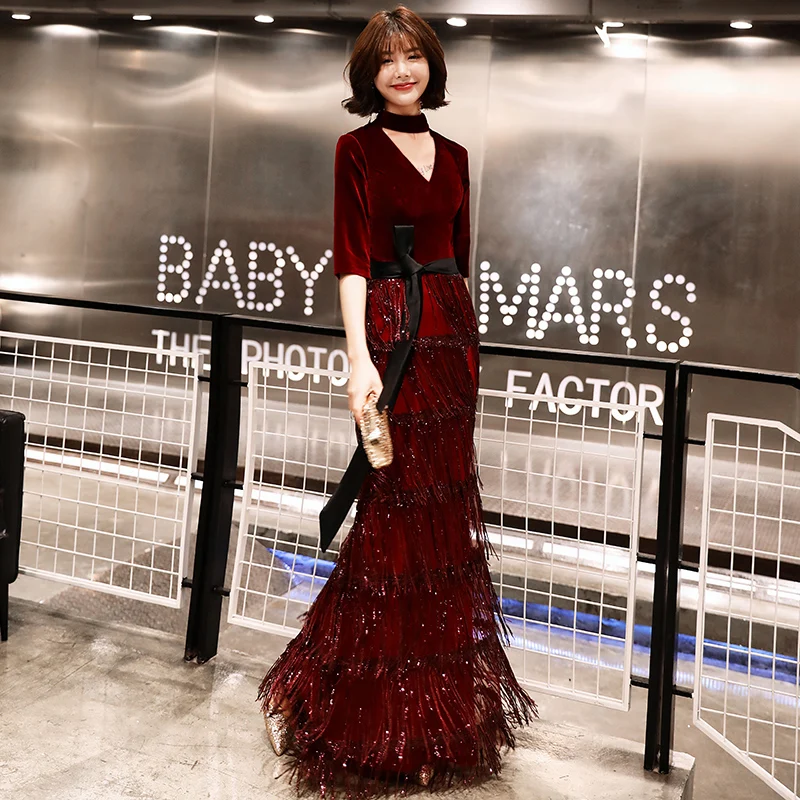 2019 New Velvet Evening Dresses Long Mermaid Wine Red Formal Dress Sequined Abendkleider Women robe de soiree longue LYFY77 2019 New Velvet Evening Dresses Long Mermaid Wine Red Formal Dress Sequined Abendkleider Women robe de soiree longue LYFY77