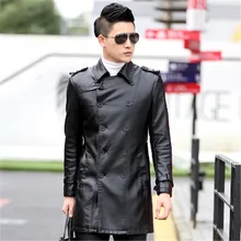 Модные Для мужчин кожаные пальто двубортный Для мужчин пальто Искусственная кожа ветровка Тренч с завязывающимся поясом