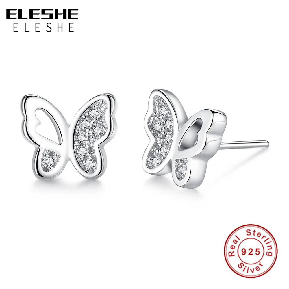 ELESHE 925 стерлингового серебра Бабочка Серьги Гвоздики С чистый чешский хрусталь серьги для женщин девочек ювелирные изделия новые модные