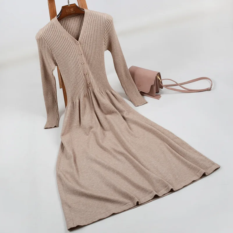

2018 autumn and winter dress new V-neck button knit sweater big swing long dress knitted waist dress