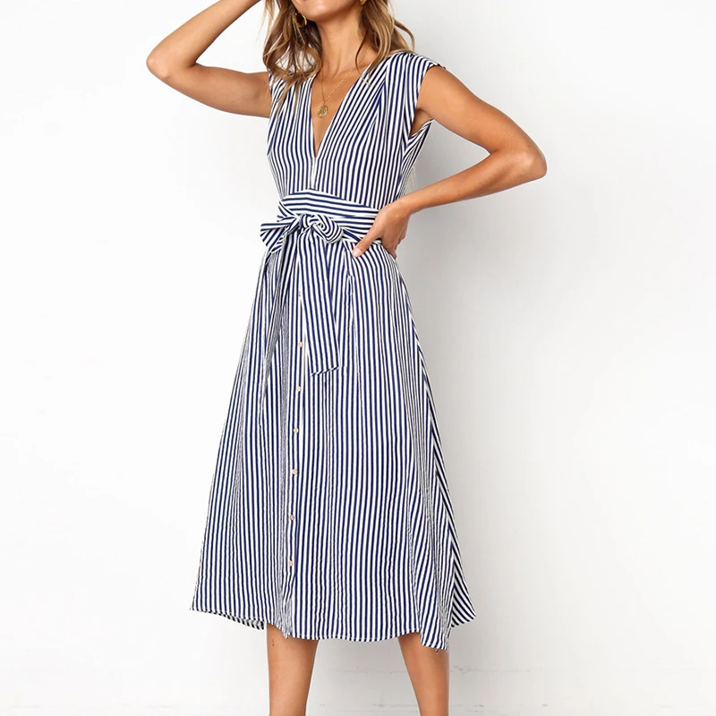 Women's Striped Mid-Calf Dress New Fashion Button Sexy V-Neck Short Sleeve Dresses Vestidos Female Casual Daily Party Sundress