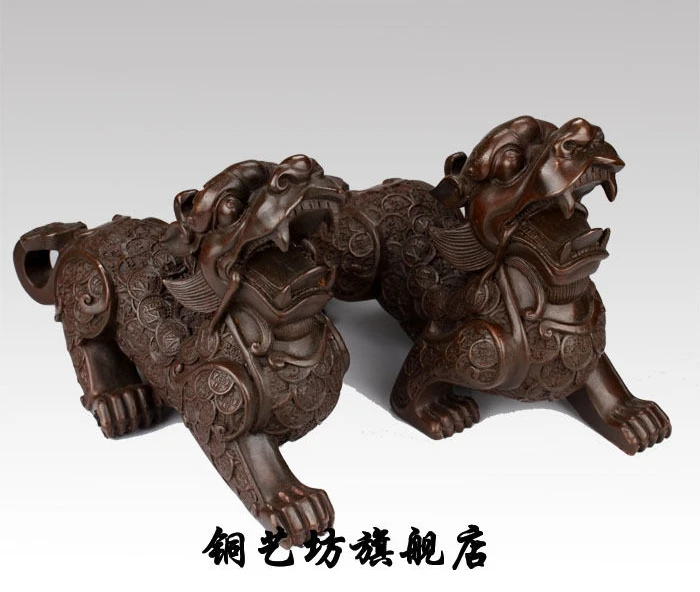 

11" China Bronze Foo Dog Pixiu Kylin Lions Lovely Unicorn Copper Statue One Pair