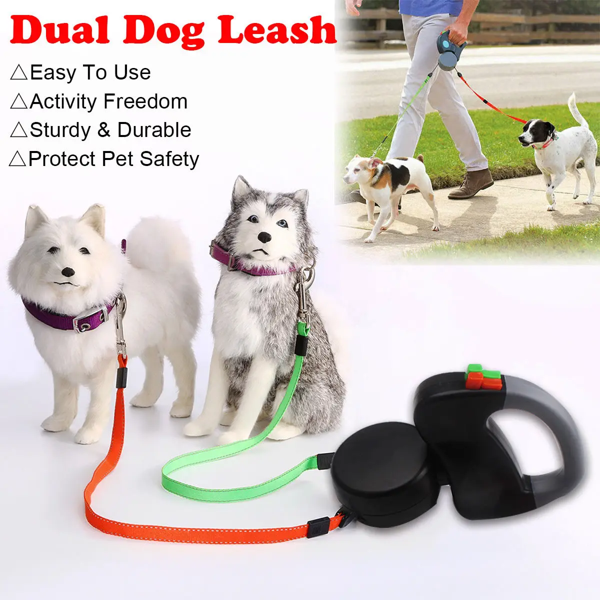 

3M Retractable Dual Double Pet Leash Rope Zero Tangle Walk 50Lbs Per For Two Dog 1PC