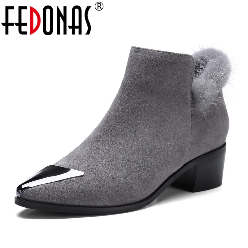 

FEDONAS Brand Women Ankle Boots Sexy Metal Toe Autumn Winter Warm Snow Boots New Zipper Cow Suede Short Boots High Heels Pumps