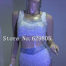 Новые блестящие яркие серебряные бусины костюм топ с мишурой короткие камни женский певица костюмы ночной клуб одежда комплект