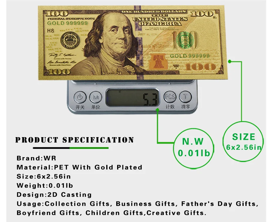 WR Деловой Подарок 24 k позолоченная банкнота новинка 100 долларов США цветная Банкнота с пластиковой рамкой украшения