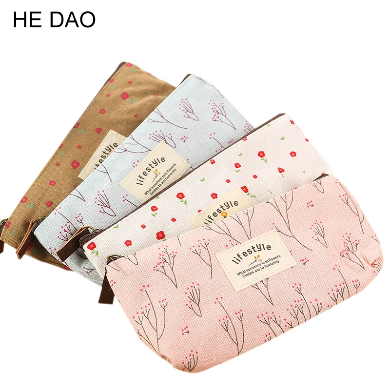 Cute Kawaii Floral Flower Canvas Zipper Pencil Cases Lovely Fabric Flower Tree Pen Bags School Supplies Free Shipping