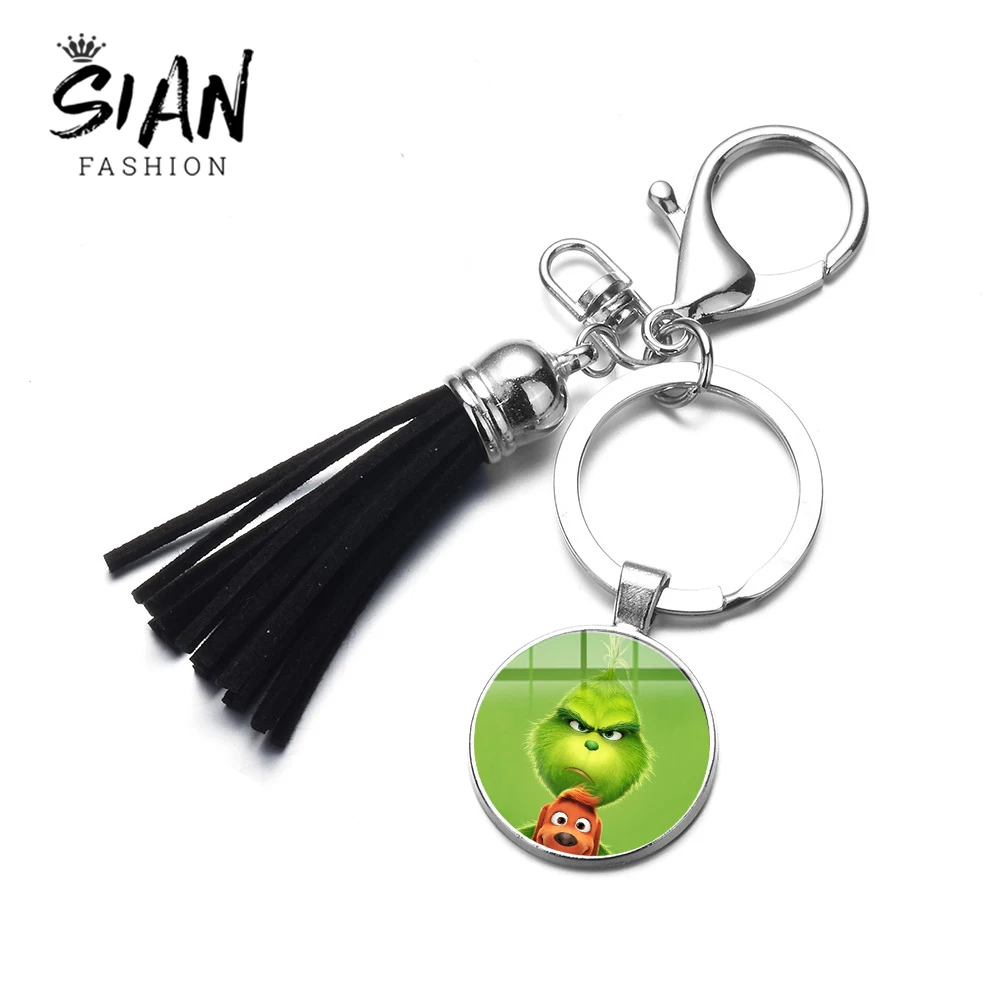 

SIAN Cute The Grinch Keychain Dr Seuss How the Grinch Stole Christmas Cartoon Printed Tassel Key Chain Collection Christmas Gift