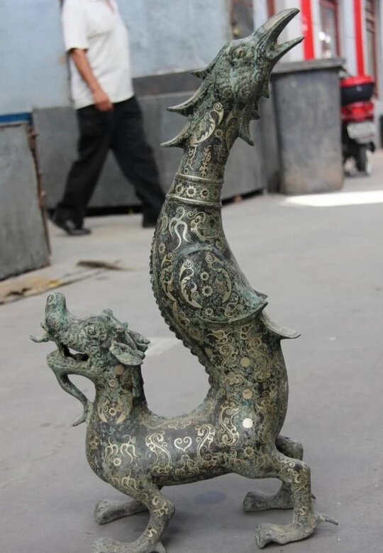 

USPS to USA S2866 23 China Folk old Bronze silver-gilt Feng Shui Dragon Phoenix Auspicious Statue (B0413)