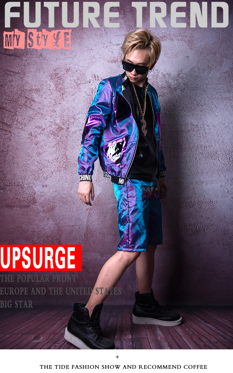 Мужские фиолетовые повседневные комплекты с курткой Hyun Flash(куртка+ шорты), модная мужская одежда в стиле хип-хоп, для танцовщицы, певицы, костюмы, одежда для сцены