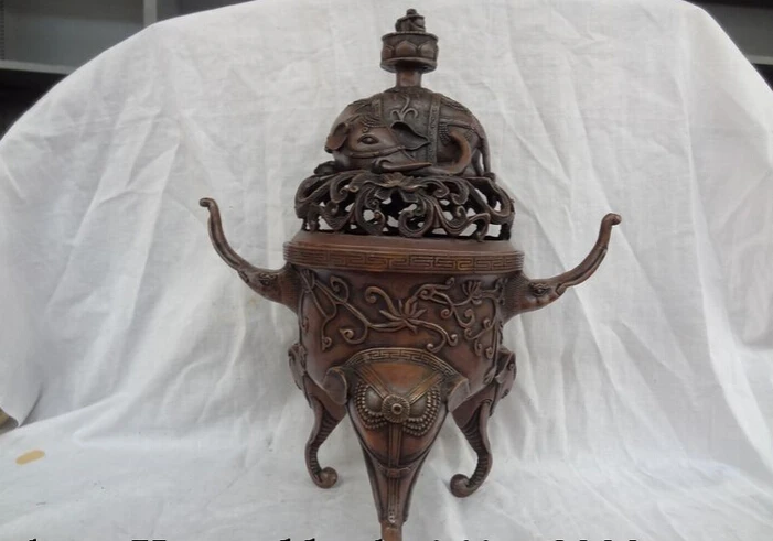 

Collectible bronze S1295 16" Chinese Buddhism Bronze Elephant Statue Tibetan Flower Incense Burner Censer B0403