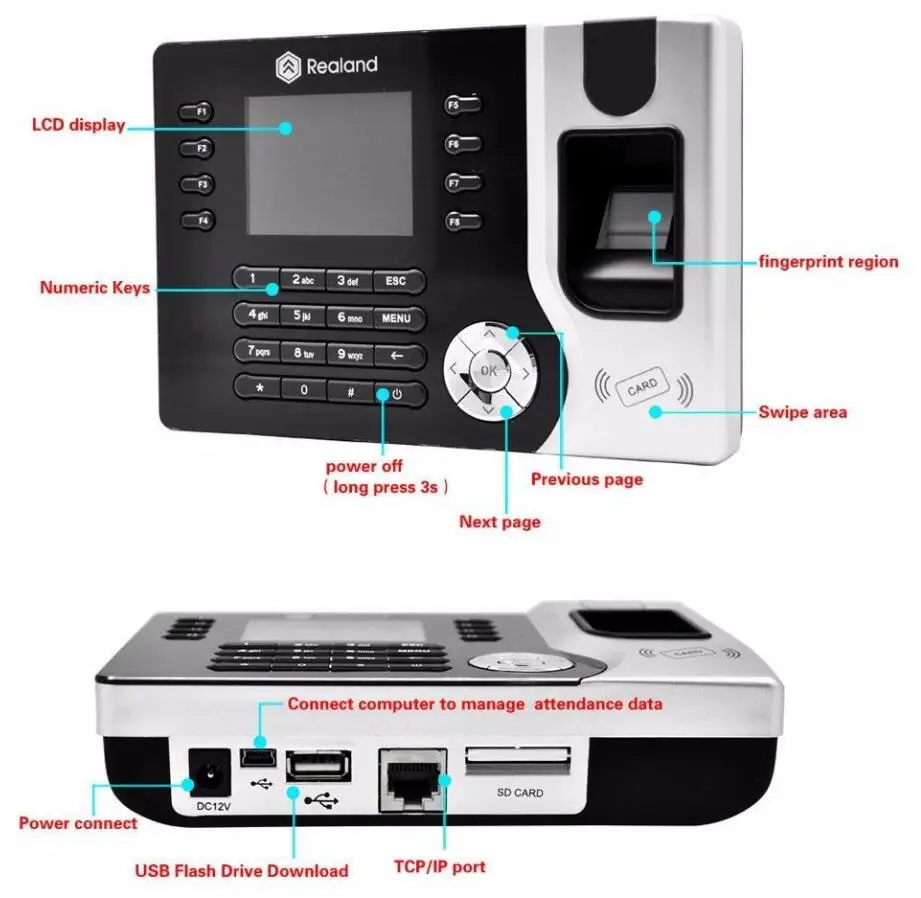 2," TFT Realand A-C071 биометрическое время посещаемости отпечатков пальцев записывающая машина TCP/IP