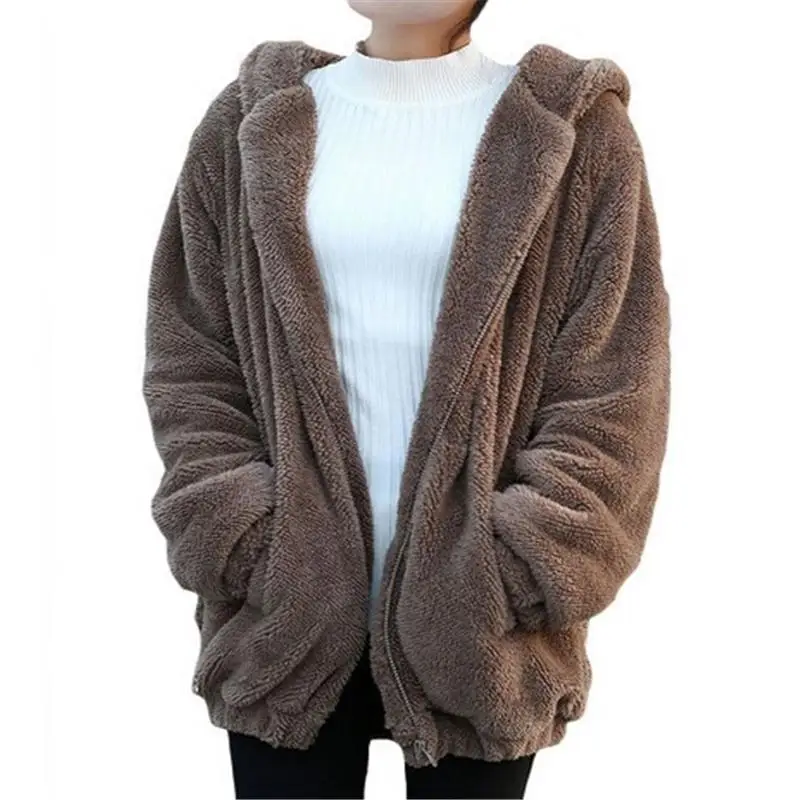 Comprar Sudaderas con capucha para mujer sudaderas con cremallera niña Otoño Invierno suelto oso mullido orejas de dibujos animados abrigo cálido lindo Negro Blanco marrón