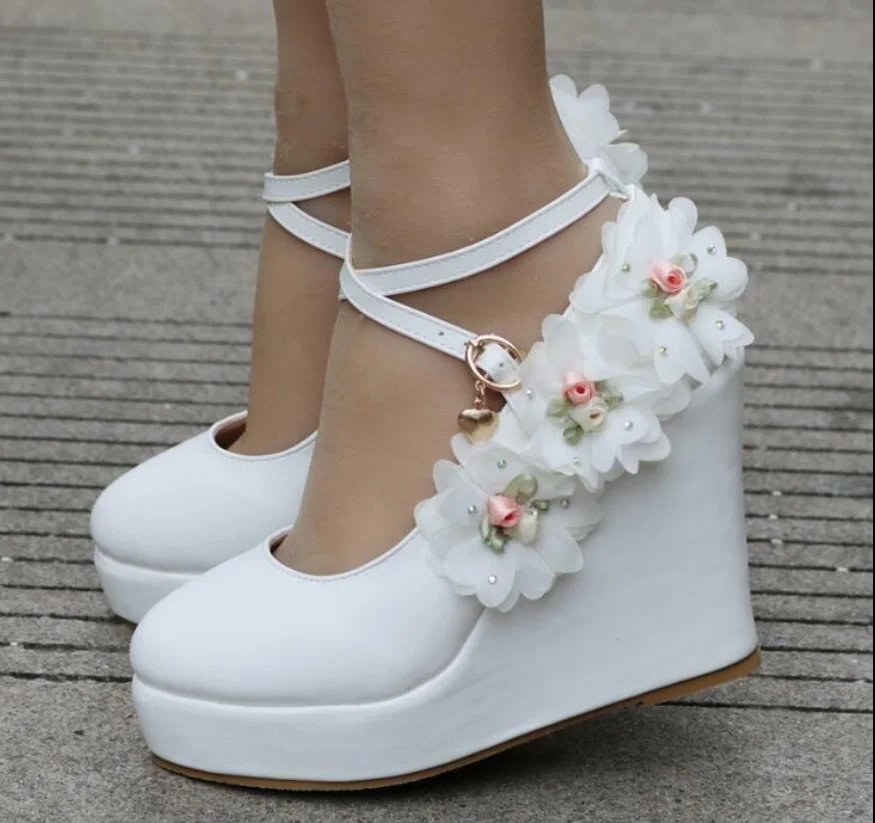 

Womens Flowers Petal Beads Wedding Bridal White Wedge Heel Pumps Shoes Platform Pointed Toe Ankle Buckle New Plus Size A631