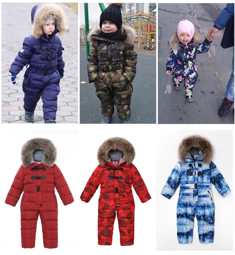 Детский Зимний лыжный костюм Одежда для маленьких мальчиков и девочек ветрозащитная теплая куртка для девочек, детские плотные пальто комбинезон на белом утином пуху