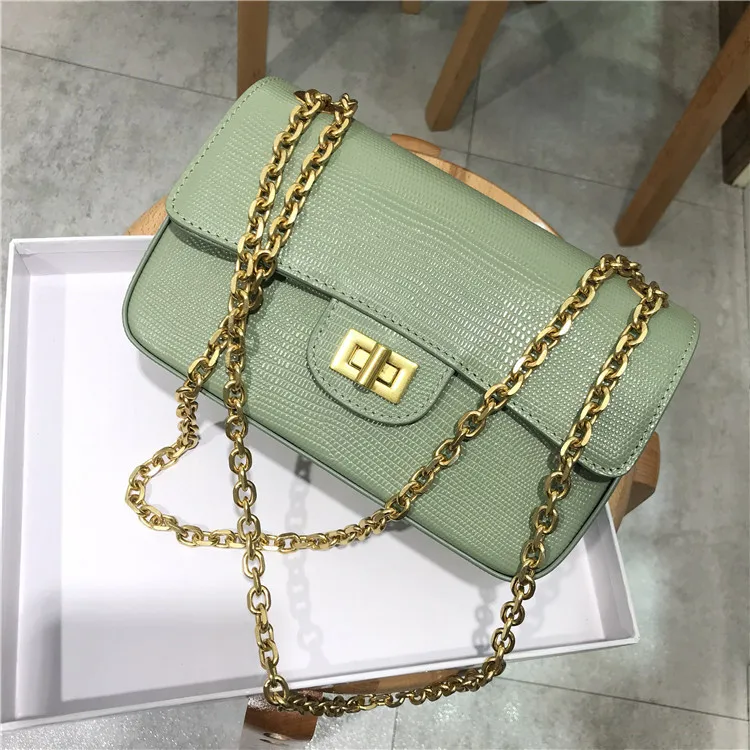 

free shipping 2019 new small sweet wind lizard grain leather lady one shoulder chain lock aslant bag of women