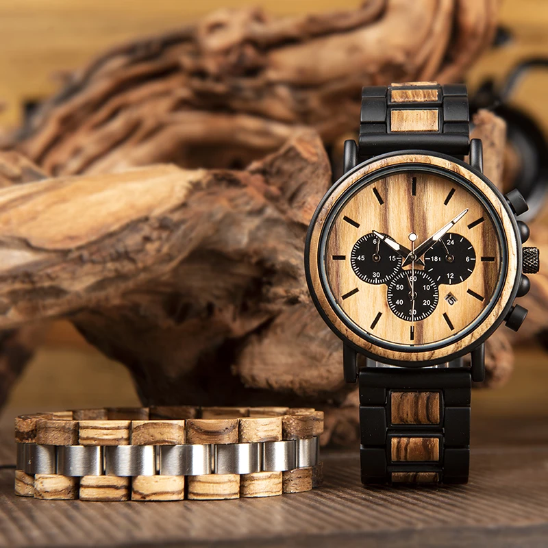 BOBO BIRD Wooden Men Watch and Wood Bracelet Quartz Wristwatches Timepiece Chronograph Luminous Relogio Masculino In Box V-P09