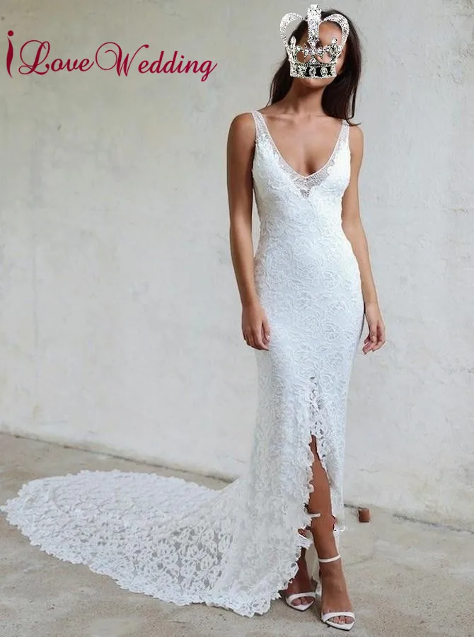 v neck sheath wedding gown
