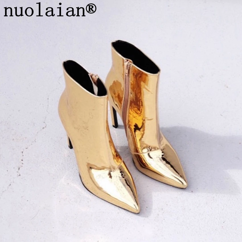 Cena 10.5CM damskie botki kobieta platforma buty na obcasie kobiety zimowe Botas buty na wysokim obcasie złote srebrne buty zimowe ze skóry lakierowanej