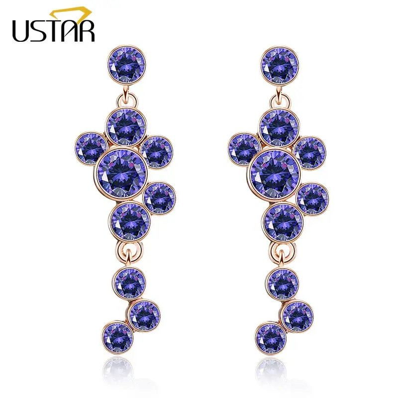 

USTAR NEW 2017 Purple Crystals Drop Earring for Women Rose gold color Fashion Jewelry Earrings female Ear brincos top quality