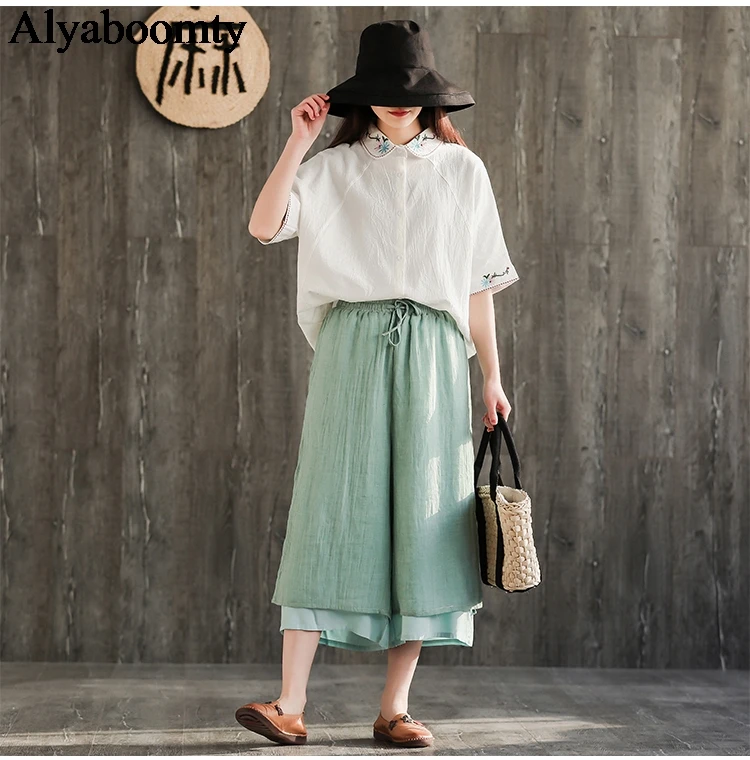 

New Summer Plus Size Women Pants High Waist Green Black Apricot Wide Leg Pants Vintage Oversize Cotton Linen Casual Loose Capris