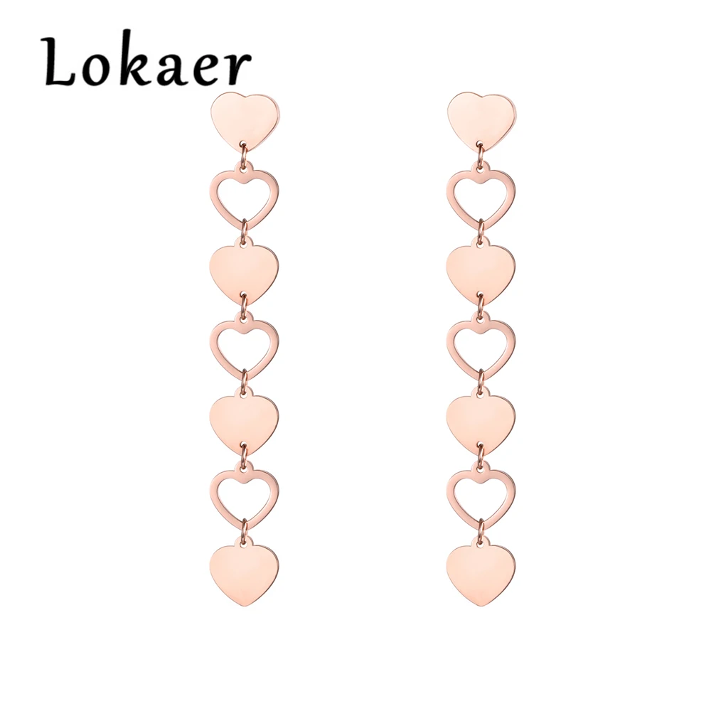 Lokaer Love Heart длинные серьги-гвоздики для женщин и девочек модные розовые Золотые сережки с кисточками из нержавеющей стали ювелирные изделия E18492