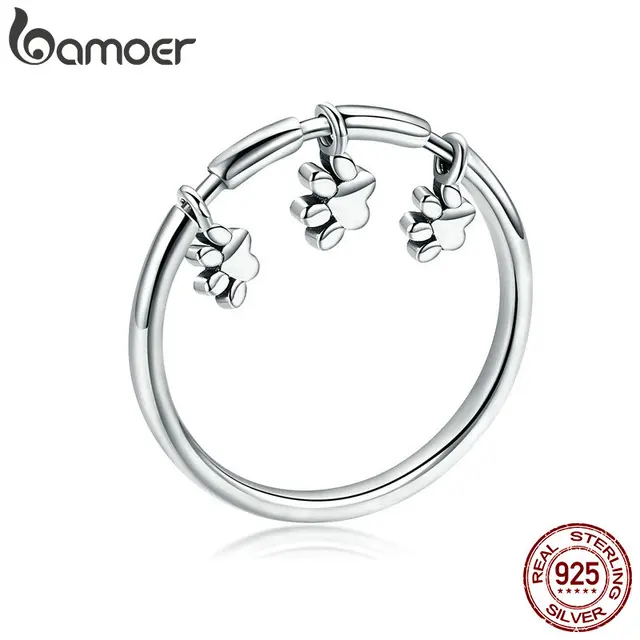 BAMOER Authentic 925 Sterling Silver Animal Dog Footprints Finger Rings for Wome BAMOER Authentic 925 Sterling Silver Animal Dog Footprints Finger Rings for Wome