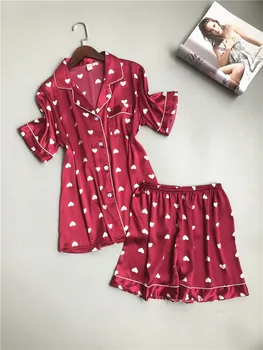 

Summer Short Sleeve Women Satin Silk Pajamas Sets T-shirt & Shorts Female Superior Short Sleepwear Nightwear Suit