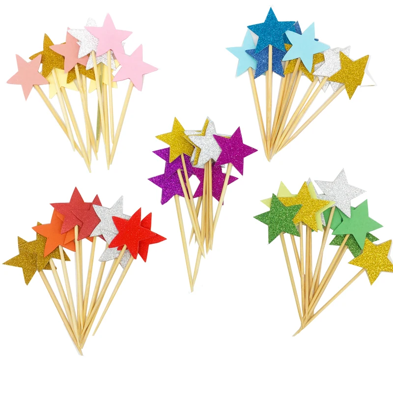 

20Pcs Glitter Mix Color Star Cupcake Toppers Birthday Wedding Party Decoration Baby Shower Cake Decoration Food Picks Supplies