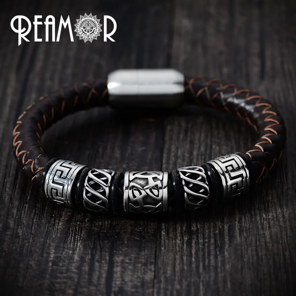 

REAMOR Trendy Men Black Leather Bracelet 316l Stainless steel Tibetan Totem Bead Bracelets with Strong Magnet Clasp 17-21cm