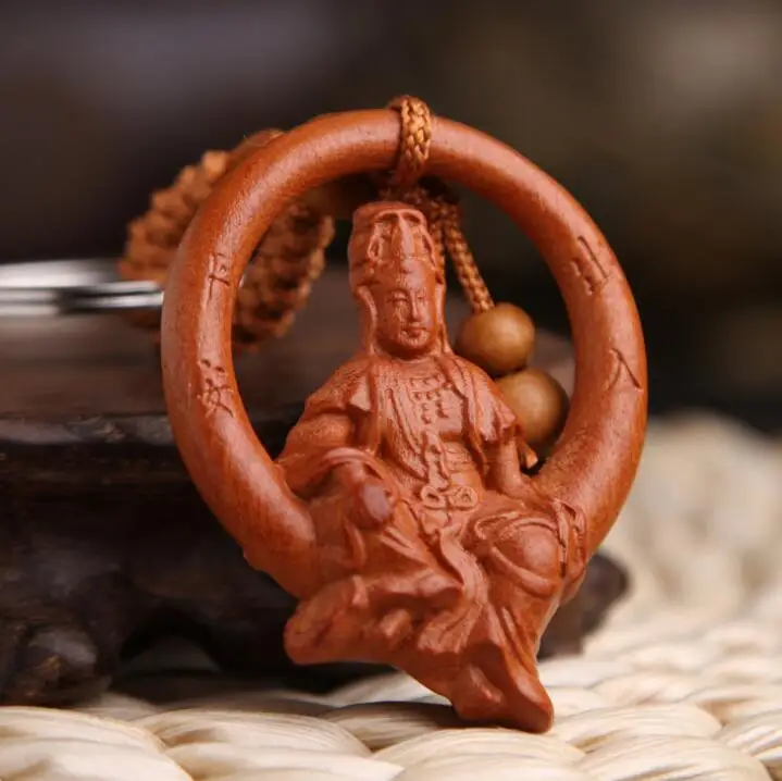 

Chinese Peach Wood Carved Freedom Guanyin Kwan-yin Bodhisattva Safe And Good Luck Exquisite Car Key Chain Pendant