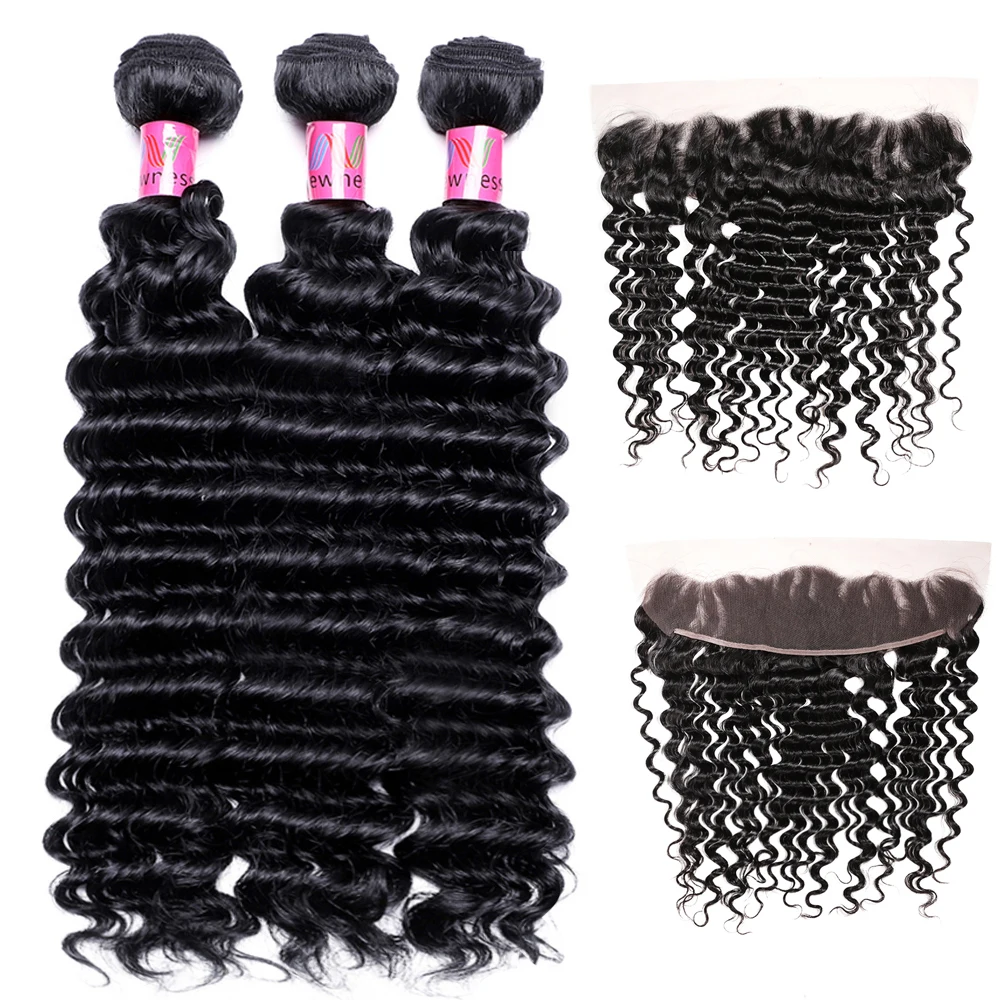 

Brazilian Deep Wave Bundles with Frontal 8A Grade Human Remy Hair Weft with 13*4 Ear to Ear Lace Frontal Natural Color NEWNESS