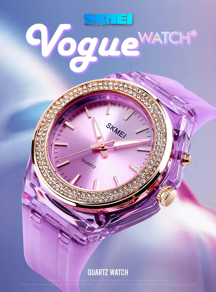 SKMEI Модные женские кварцевые часы, светодиодный, с подсветкой, с бриллиантами, 5 бар, водонепроницаемые часы для женщин, прозрачный ремешок, женские наручные часы 1553