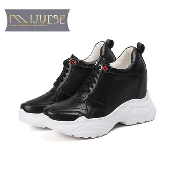 

MLJUESE 2018 women sneakers cow leather lace up cutouts Black color autumn spring hidden heel wedges sneakers Vulcanize Shoes
