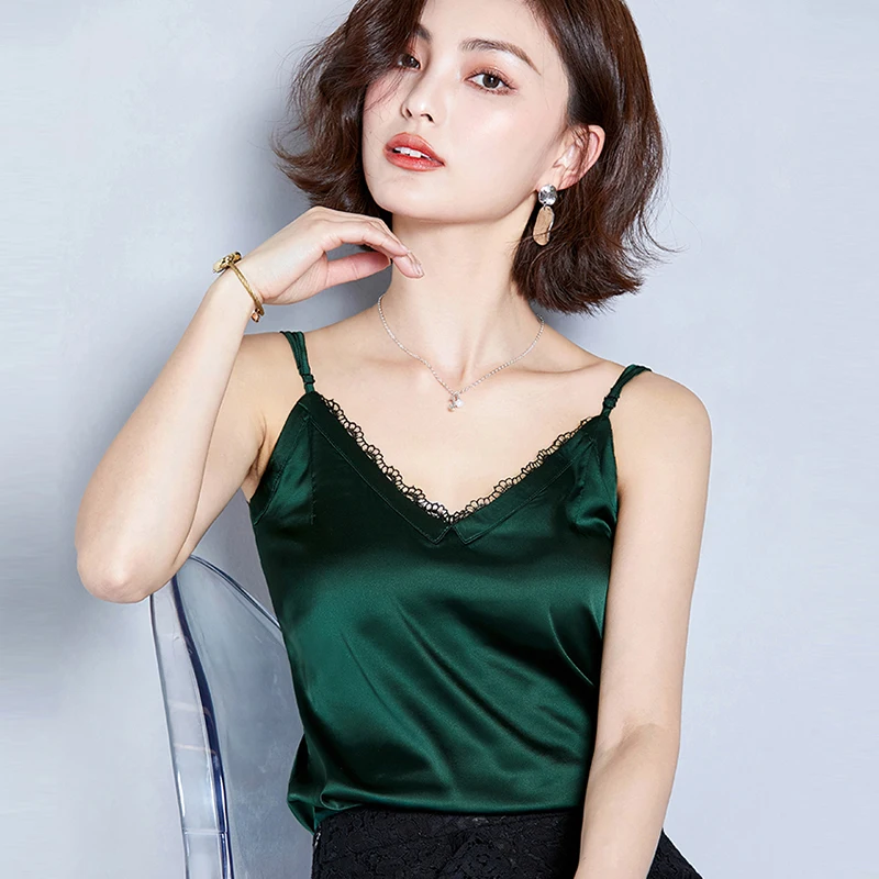 

Sexy with Lace Silk Cami for Women Spaghetti Strap Top Tank Ladies Summer Tops White Lace Camisole Basic Tops Women 2019