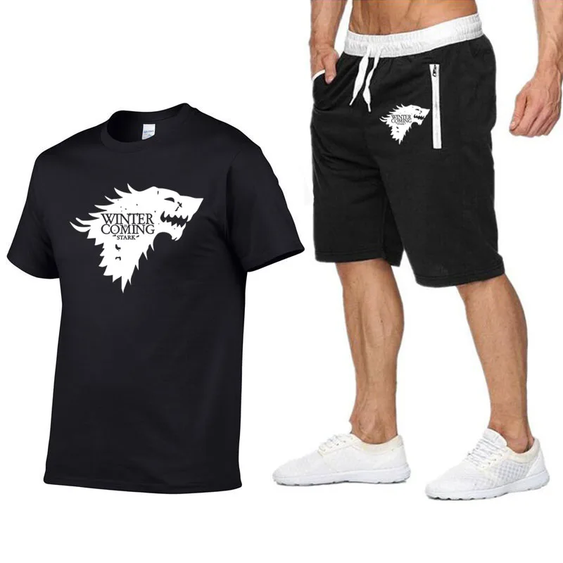 

cotton short sleeve Game of Thrones Men T Shirts+Shorts Two Pieces casual men tshirt Tops Tees WINTER IS COMING MEN T shirt